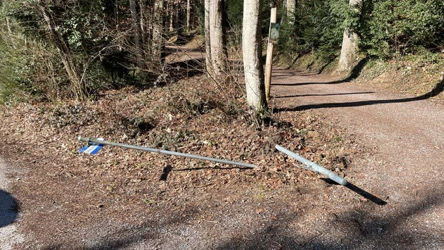 Umgestossene Eisenpfosten mit Fahrverbotstafel am Waldweg auf dem Buechberg