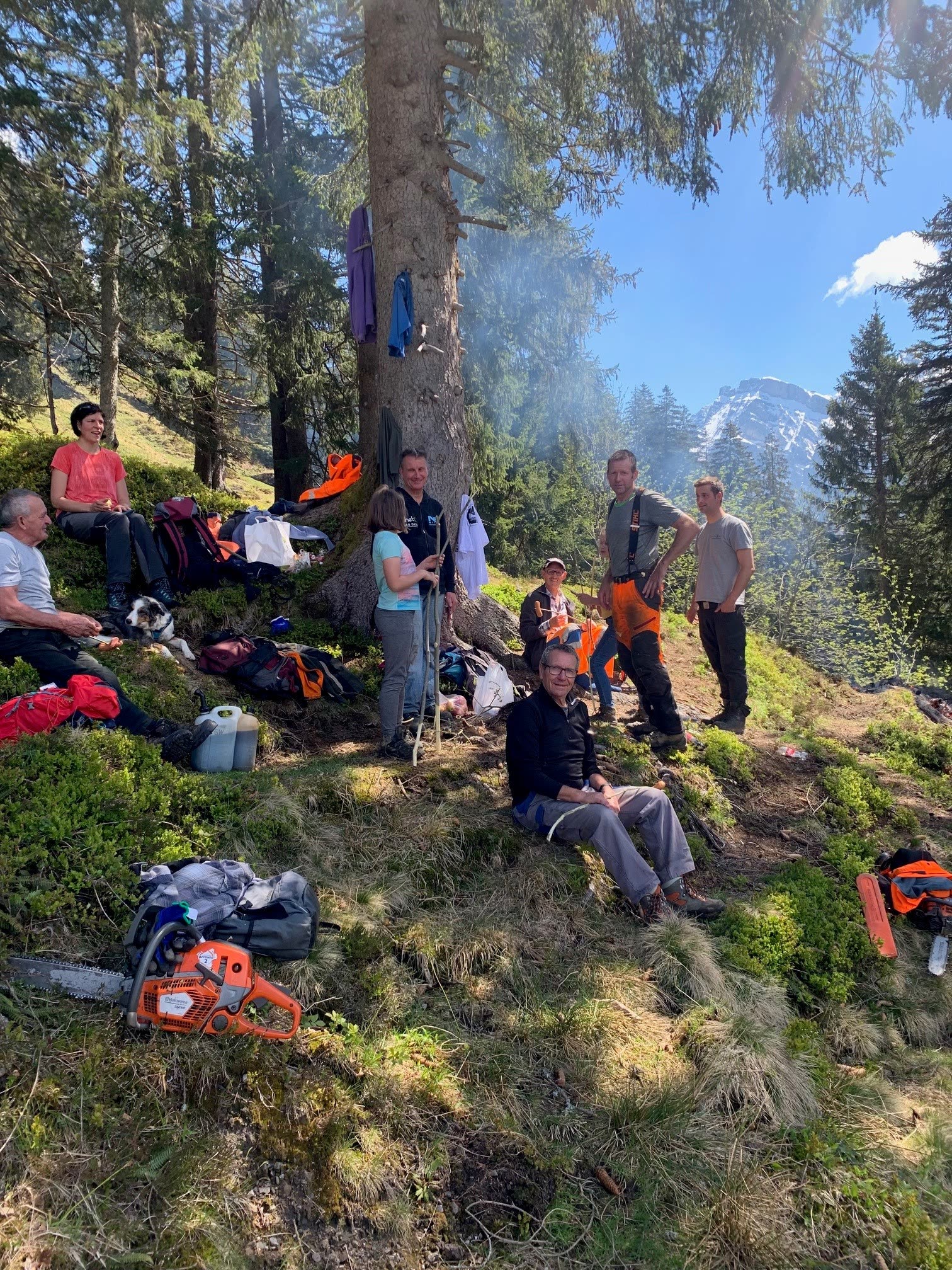 Helfergruppe rastet am Waldhang unter Tannen, Rauch, Bergsicht