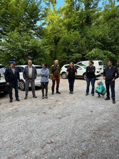 Teilnehmer des Waldspaziergangs im Kreis auf Kiesplatz vor Autos