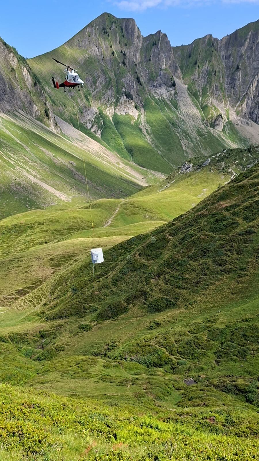 Helikopter-Materialtransport über der grünen Brüschalp, Felsgrat dahinter