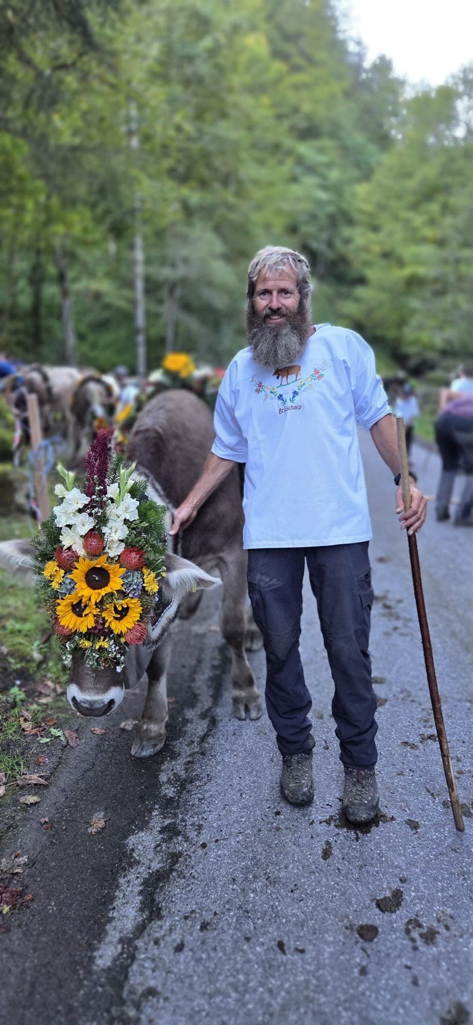 Älpler mit Bart und weissem Hemd, Stock in der Hand, neben geschmückter Kuh am Strassenrand