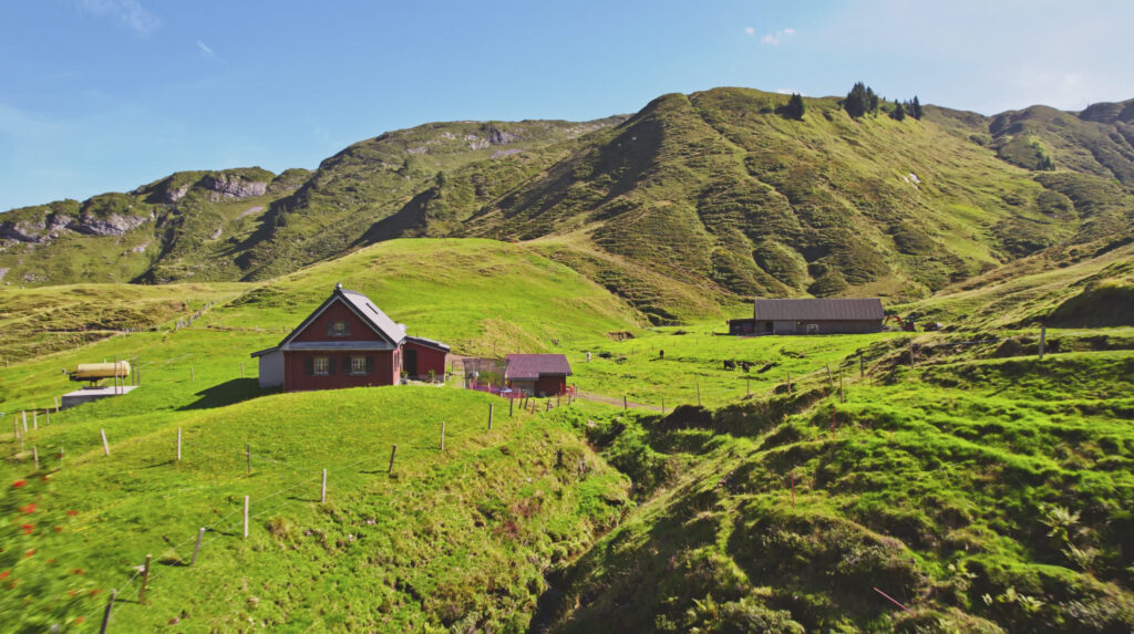 Alphütte Brüschalp an einem grünen Hang